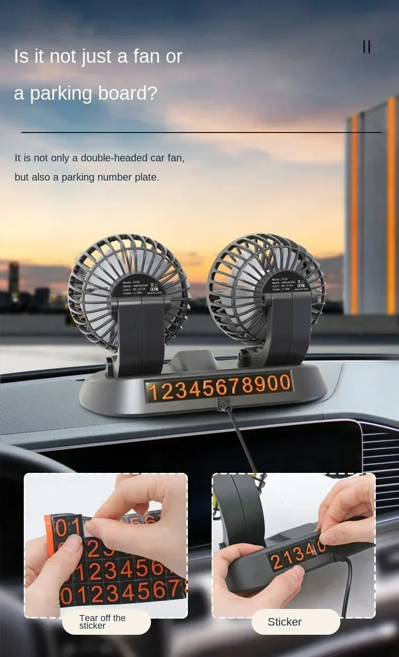 Car Fan USB/12V/24V Double-head Adjustable 360° Car Electric Fan Silent 2-speed Multi-functional Temporary Parking Card Car Fan