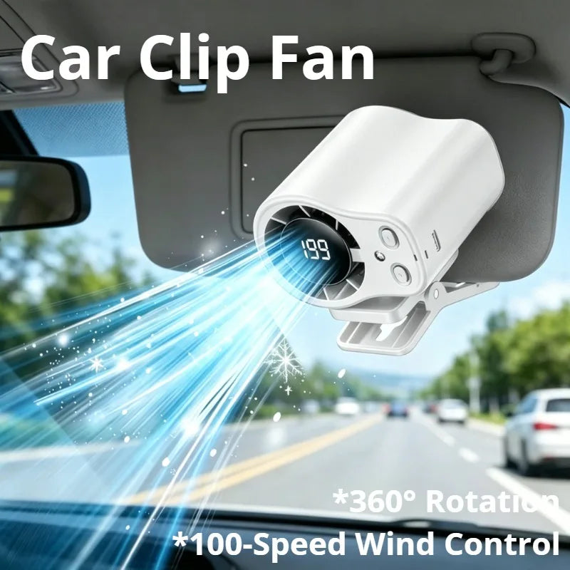 Car Clip Fan with LED Display 360° Rotation 199 Speeds&Semi-Cooling Technology Portable Personal Fan for Work Car Camping Beach