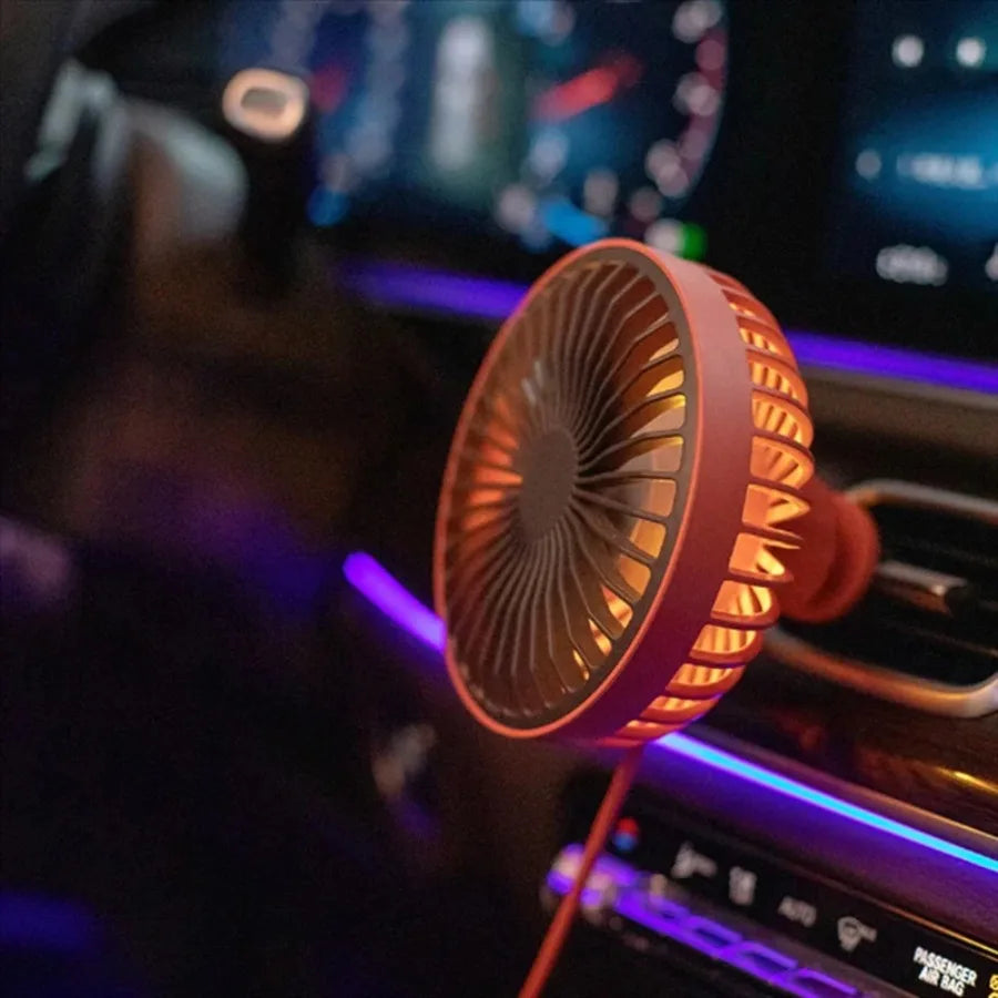 Car Fan | 3-Speed 360° Rotatable | 12V-24V USB LED Ambient Light | A/C Vent Clip | Silent Portable Fan