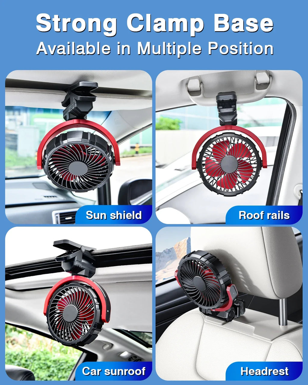 Car Fan 5V USB Clip on Sun Visor Fan for Front/Rear Seat 2000mAh Rechargeable Battery Powered Quiet Personal Cooling Fans