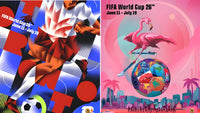 Two FIFA World Cup posters, one with abstract design and another with flamingo and soccer ball.